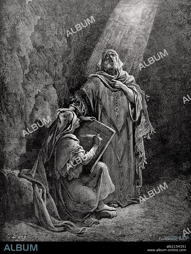 JEREMIAS (650 a. C. -585 a. C.). Profeta hebreo, hijo del sacerdote Hilcías. Vivió entre el 650-586 A. C en Judá, Jerusalén, Babilonia y Egipto. "Jeremias dicta sus profecías a Baruc". Grabado por Pannemaker. "La Biblia en imágenes" por Gustavo Doré.
