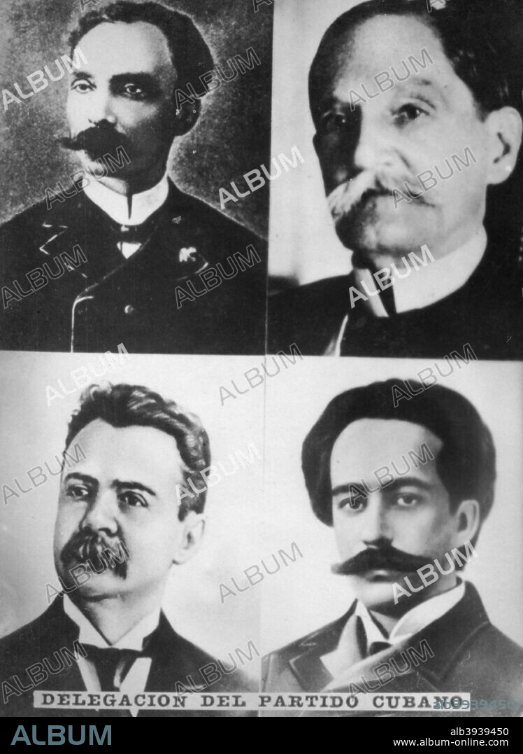 Delegation of the Cuban Revolutionary Party. Delegates,  Jose Marti and Tomas Estrada Palma; Gonzalo de Quesada, Secretary  and Benjamin  Guerra  Treasurer. Cigar card from the History of Cuba, Geografico Universal, Propaganda de los Cigarros Susini y La Corona, Tabacalera Cubana.
