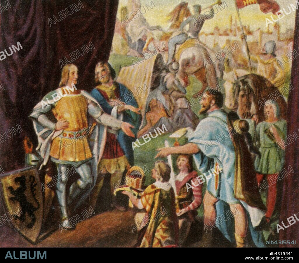 Rudolf of Habsburg receives the news of his election as king of Germany, 1273, (1936). 'Rudolf Von Habsburg Empfängt Die Nachricht Von Seiner Erwählung Zum Deutschen König. 1273'. Rudolf of Habsburg (1218-1291) was elected king. He was crowned Rudolf I of Germany, the first king of the Romans of the Habsburg dynasty, in 1273. From "Bilder Deutscher Geschichte", (Pictures of German History), No.12, cigarette card album. [Cigaretten-Bilderdienst, Altona-Bahrenfeld, Hamburg, Germany, 1936].