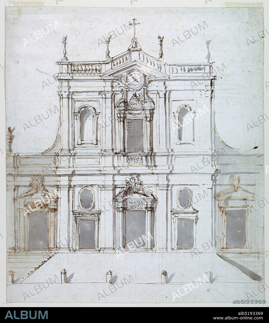 Façade with the Albani Arms, Carlo Marchionni, Italian, 17021786, Pen and brown ink, brush and gray wash, black chalk on white wove paper, Vertical rectangle. Building with two stories, the lower with five divisions and the upper with three. Stairs lead to the lateral left door and parallel to the façade to a ramp in front of the central part. At right, oblique stairs lead simultaneously to the lateral door and the ramp. The three doorcases are topped by a coat of arms, at left and in the center identified as that of the Albani. Tablets are above the door frames at left and in the center, respectively, with the inscriptions: ALEXANDER ALBANVS; ANNIBAL ALBANVS; posts are at the foot of the ramp., Italy, 1730s, architecture, Drawing, Drawing.
