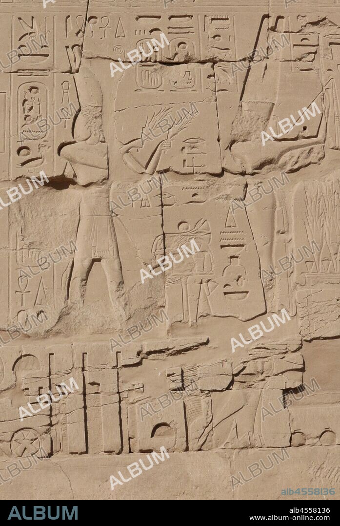 A photograph taken of the Festival Hall of Thutmose III (Akh-menu) is an ancient shrine in Luxor (Thebes), Egypt. It is located at the heart of the Precinct of Amun-Re, in the Karnak Temple Complex. The Hall is situated at the end of the Middle Kingdom court. It was initially built to celebrate the Jubilee (Heb-Sed) of the 18th dynasty Pharaoh, Thutmose III, and later became used as part of the annual Opet Festival. circa 1425 BC.