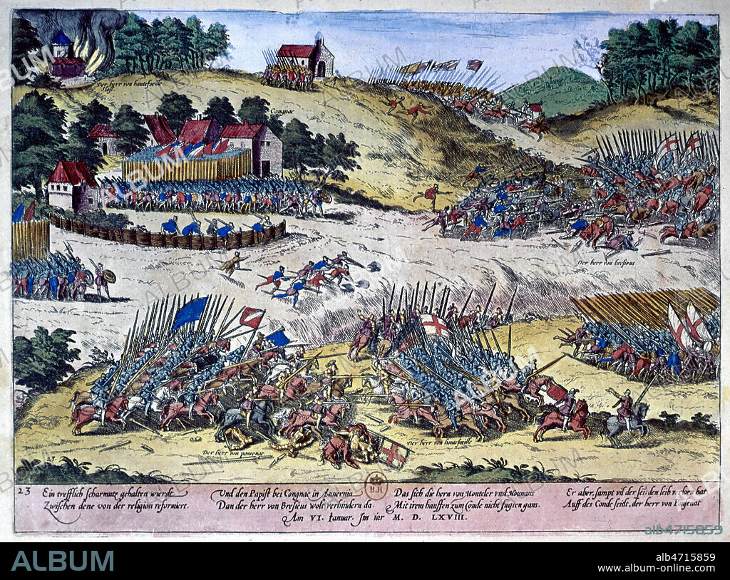 Scene de Bataille : Bataille de COGNAC ou de Jarnac, 13 mars 1569. Oppose l'armee protestante menee par le prince de Conde a celle du roi de France, menee par Henri d'Anjou, frere du roi. Celui ci remporte la victoire. Presents lors de cette bataille: Coligny, le prince de Conde, le futur Henri III et le futur Henri IV (16 ans) ... Gravure in Les Guerres Civiles ouvrage du 16eme siecle par Franz HOGENBERG (1535-1590) peintre et graveur flamand. Credit Collection JEAN VIGNE/KHARBINE TAPABOR.