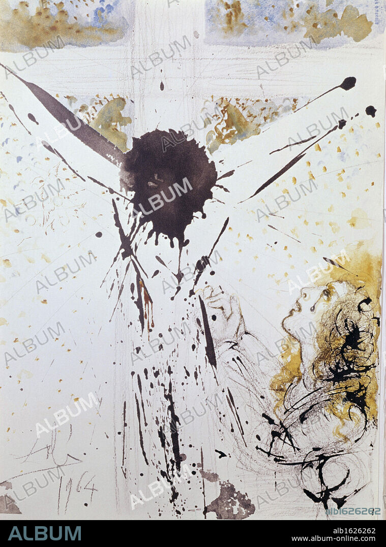 SALVADOR DALÍ. Crucifixion by Salvador Dali, pencil and watercolor, 1964, 1904-1989.