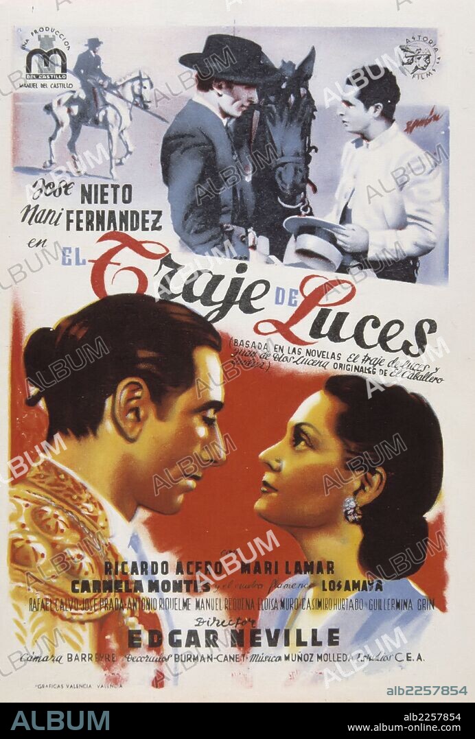 PELICULA : EL TRAJE DE LUCES , 1946. BASADA EN LAS NOVELAS " EL TRAJE DE LUCES " Y " JUAN DE DIOS LUCENA " DE JOSE MARIA CARRETERO " EL CABALLERO AUDAZ ". DIRECTOR : EDGAR NEVILLE. ACTORES : JOSE NIETO , NANI FERNANDEZ.