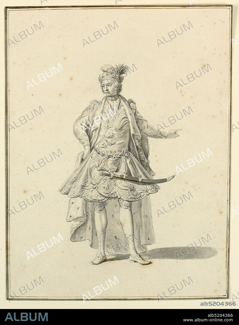 Costume Design: Persian Prince, for a Stage Production Designed by Giuseppe Galli Bibiena, Pen and gray ink, gray wash, over pencil on paper, Vertical rectangle. Full-length of a man, facing the spectator, his head turned toward the left. His right hand is at this hip, the left gesturing. He wears an elaborate brocaded costume, with an ermine-lined cape over it. On his head a turban adored with a plume and jewels. A sword is at his side., Italy, Vienna, Austria, 1719, figures, Drawing, Drawing.