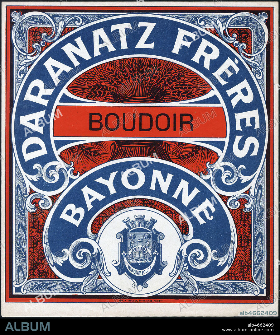 'Boudoir Daranatz Freres, Bayonne'. Etiquette de biscuit vers 1900. format 22x25cm. Collection KHARBINE-TAPABOR.