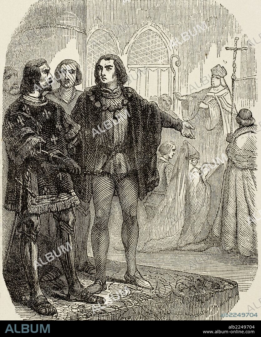 LUIS XI de Francia, apodado "el Prudente" (1423-1483). Rey de Francia de 1461-1483. "Casamiento de Luis XI con su primera esposa Margarita Estuardo de Escocia". Grabado.
