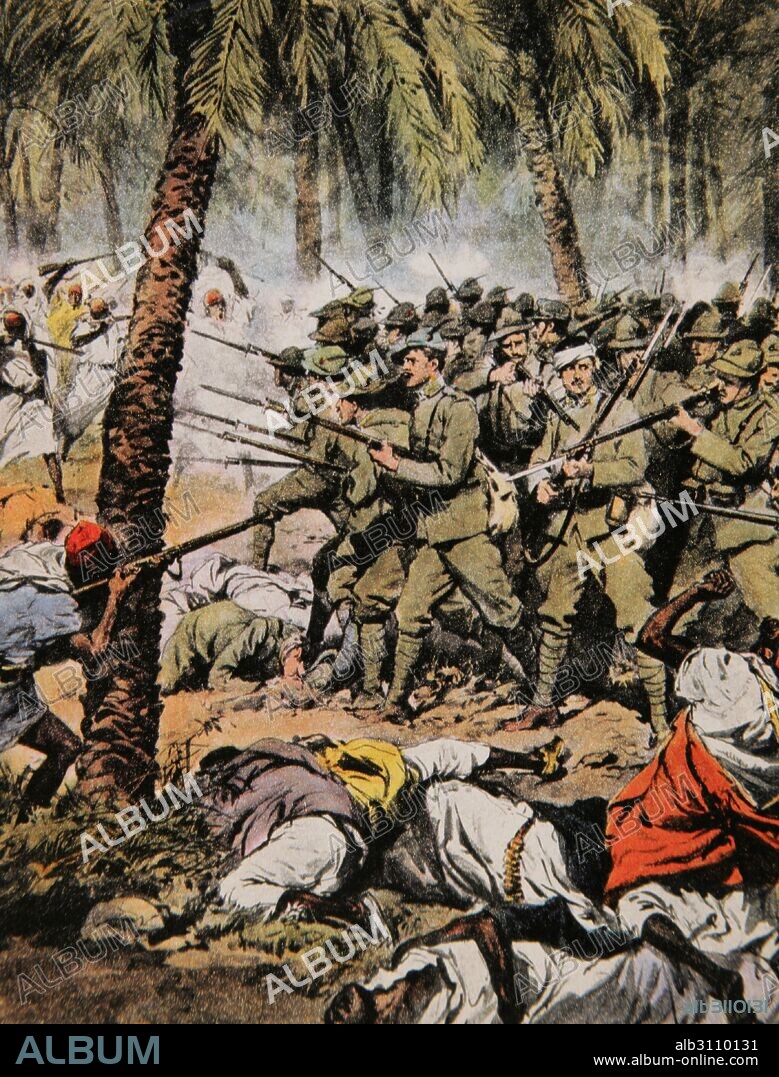 Guerra turco-italiana o Guerra de Libia. Conflicto armado entre el Imperio otomano y el Reino de Italia. 1911-1912. "Ocupación de Misurata, 8 de julio". Libia (16 junio-8 julio de 1912). Victoria italiana. Grabado de La Domenica del Corriere, Italia. Color.