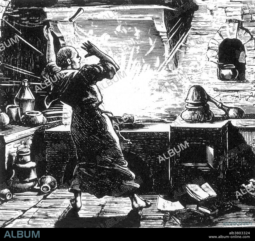 Berthold Schwarz was a legendary German (or in some accounts Danish or Greek) alchemist of the late 14th century, credited with the invention of gunpowder. The first reference to Schwarz is found in an anonymous manual of pyrotechnics, preserved in various 15th century copies. The relevant passage credits an alchemist and master of arts, Master Berthold, with the accidental discovery of gunpowder, without giving any further details as to time or place. Feldhaus (1910) thinks that reports of a Master Berthold in the early 15th century, should be taken seriously as historical testimony of an alchemist Berthold, called the Black , member of the Order of St. Bernhard, who developed a recipe for effective gunpowder in 1380, and who was possibly executed as a magician some years later. The recipes given in the 15th century German manuals for pyrotechnics would then be directly derived from the recipe as developed by Berthold. No artist credited,.