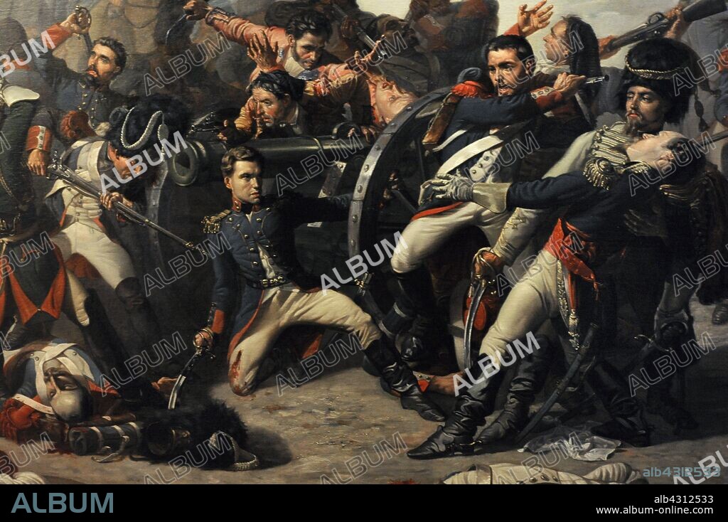 Guerra de la Independencia (1808-1814). 2 de Mayo de 1808. Muerte de Daoíz y defensa del Parque de Monteleón, 1862. Detalle. Daoíz arrodillado y herido mortalmente por un soldado francés con su bayoneta. Velarde moribundo en los brazos de un oficial de la guardia polaca. Óleo de Manuel Castellano (1826-1880). Museo de Historia. Madrid. España.