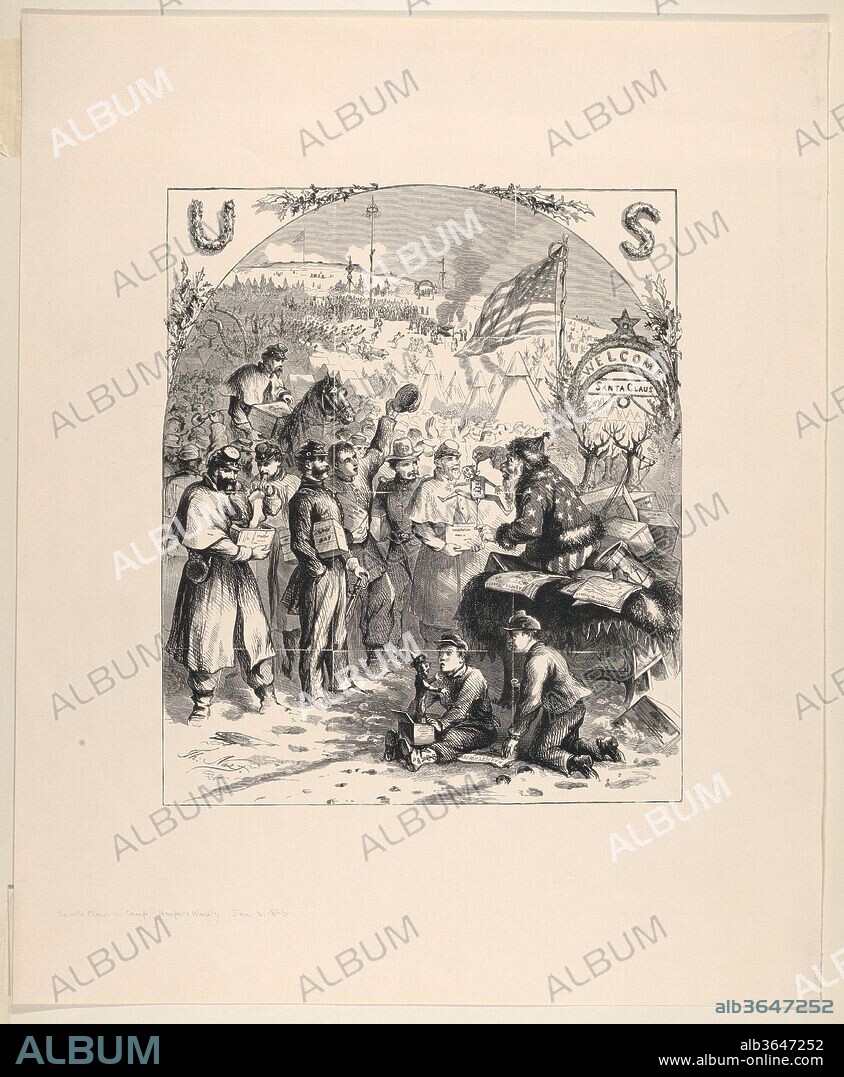 Santa Claus in Camp (published in Harper's Weekly, January 3, 1863). Artist: Thomas Nast (American (born Germany), Landau 1840-1902 Guayaquil). Dimensions: Image: 10 3/4 × 9 1/8 in. (27.3 × 23.1 cm)
Sheet: 17 1/4 × 14 1/8 in. (43.8 × 35.9 cm). Date: 1863 (?).
Nast's image was published in the 1862 Christmas issue of Harper's Weekly, during days filled with both trials for the Union and rising hope. Santa Claus has arrived by sleigh in a Union army camp to distribute gifts. This was the moment that Nast conceived and introduced our modern image of Santa Claus. Combining European traditions of St. Nicholas with folk images of elves from his native Germany, he created the jolly gift-giver now associated with Christmas that here offers cheer to soldiers far from home. He distributes boxes of necessities such as warm socks, copies of Harper's Weekly, and entertains the crowd with a jumping jack dangling from a noose, its chest lettered "Jeff" in reference to the Confederate President Jefferson Davis. In the background, soldiers chase an escaped hog, roast meat on a spit and play fairground games such as climbing a greased pole. This image on the title page of the journal was supported by a two-page spread within the journal that shows Santa visiting sleeping children in New York (see 33.35.26 and 29.88.4(8)).