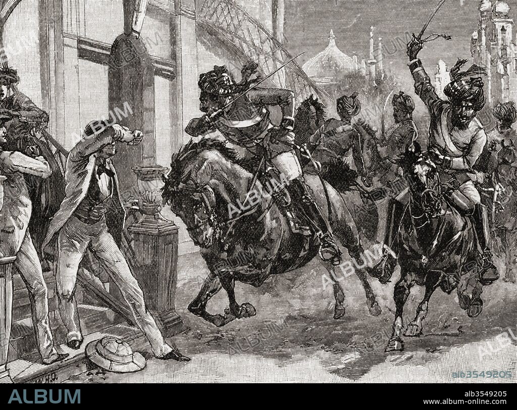 Rebel Sepoys at Delhi, India at the outbreak of the Indian Rebellion, 1857. European officials and their dependents, Indian Christians and ordinary shop keepers were killed. From The Century Edition of Cassell's History of England, published c. 1900.