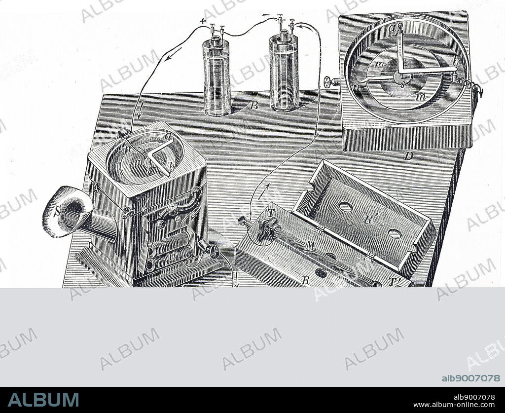 Engraving depicting Johann Philipp Reis' telephone. Johann Philipp Reis (1834-1874) a German scientist and inventor. Dated 19th century.