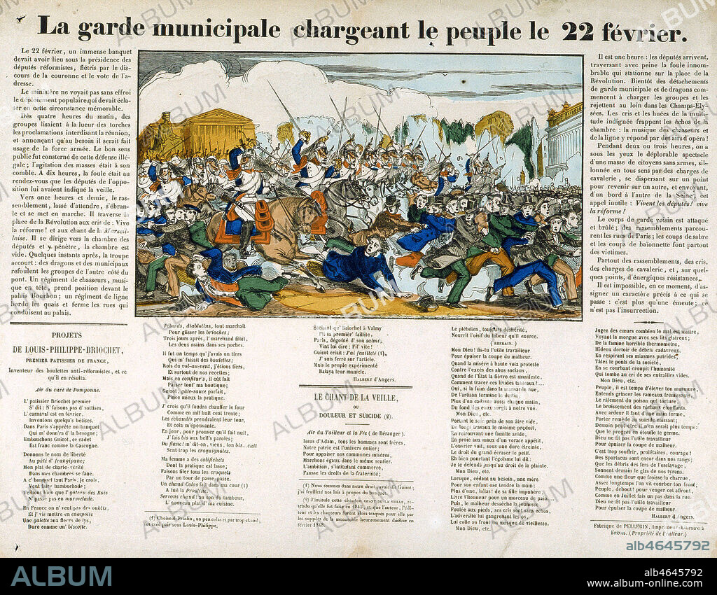 'La garde municipale chargeant le peuple le 22 fevrier' lors de la revolution de 1848. Imagerie Pellerin a Epinal, fin 19eme. Credit : Collection KHARBINE-TAPABOR.