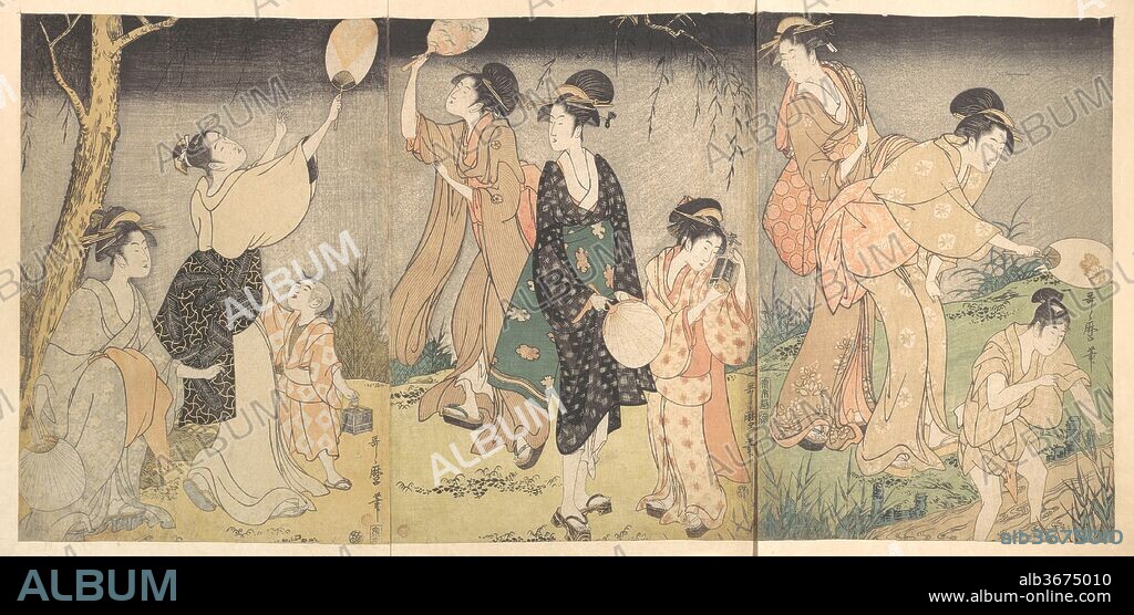Catching fireflies (Hotaru gari). Artist: Kitagawa Utamaro (Japanese, ca. 1754-1806). Culture: Japan. Dimensions: Image (triptych): 13 7/8 x 28 5/8 in. (35.2 x 72.7 cm)
Image (each sheet): 13 7/8 x 9 1/2 in. (35.2 x 24.1 cm). Date: ca. 1796-97.