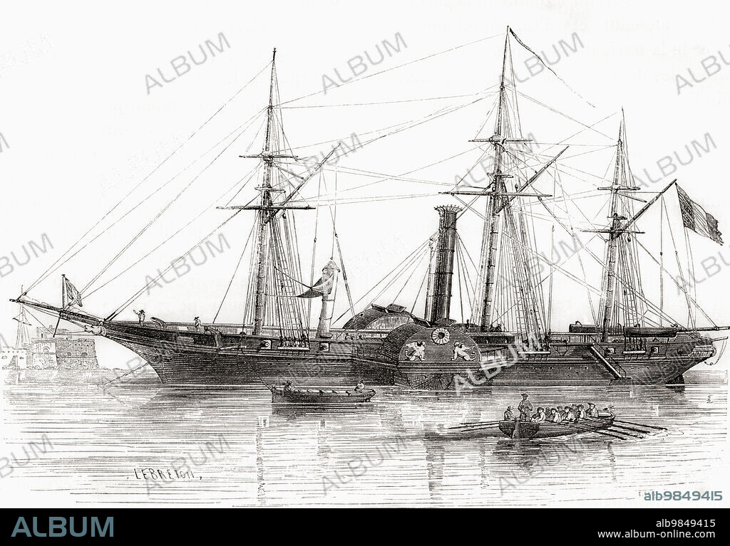 The French corvette The Sphinx. Built in 1829 she was the first operational French naval paddle steamer. From Les Merveilles de la Science, published 1870.