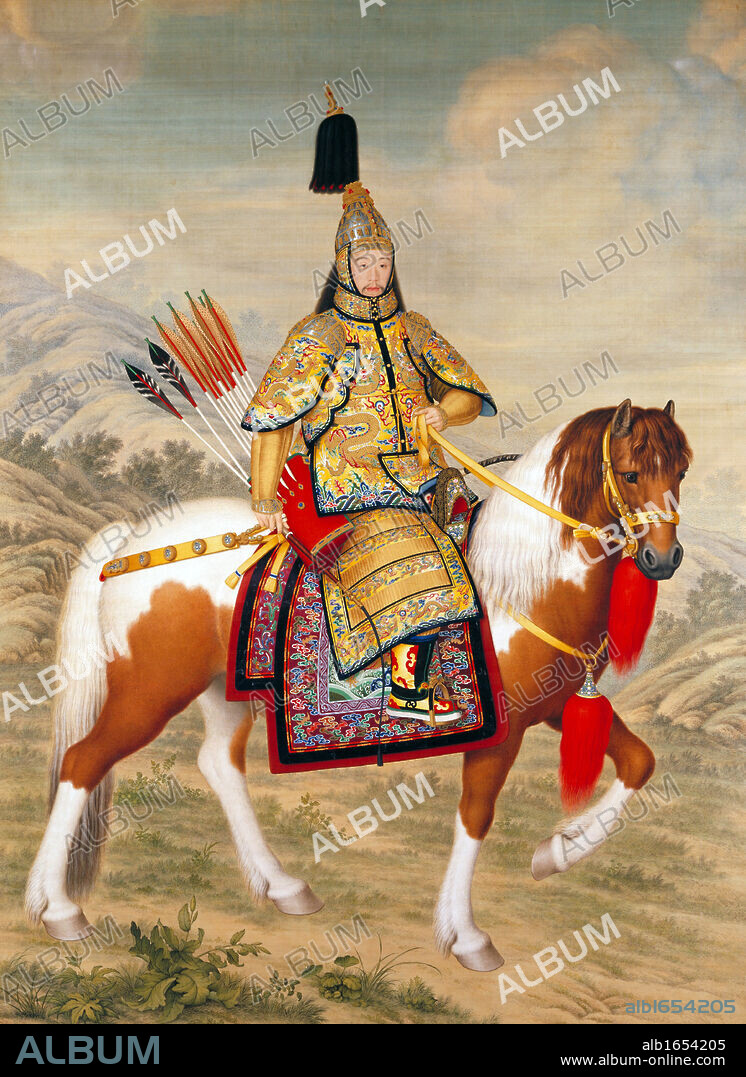 The Qianlong Emperor in Ceremonial Armour on Horseback' 1739 or 1758. Ink and colour on silk. Giuseppe Castiglione (1688-1766) Italian Jesuit, court painter in China. Fifth emperor of the Manchu-led Qing Dynasty 1736-1795.