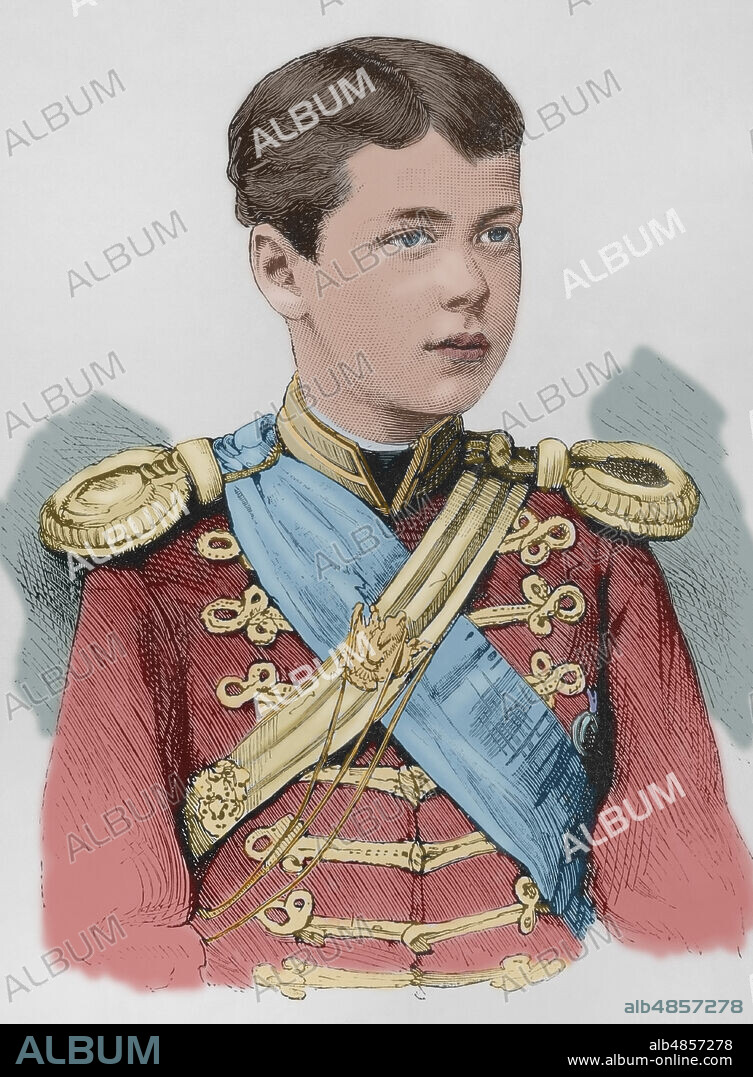 Nikolái Aleksándrovich Románov (1868-1918). Ultimo zar de Rusia (1894-1917) como Nicolás II. Alcanzó la mayoría de edad el 18 de mayo de 1884. Retrato. Grabado coloreado. La Ilustración Española y Americana, 1884.