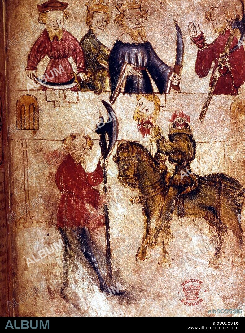 beheaded Sir Bertilak beheaded by Sir Gawaine from Sir Gawaine and The Green Knight.  King Arthur, page 128.. Sir Gawain and the Green Knight is a late 14th  century metrical roman - Album alb9095916