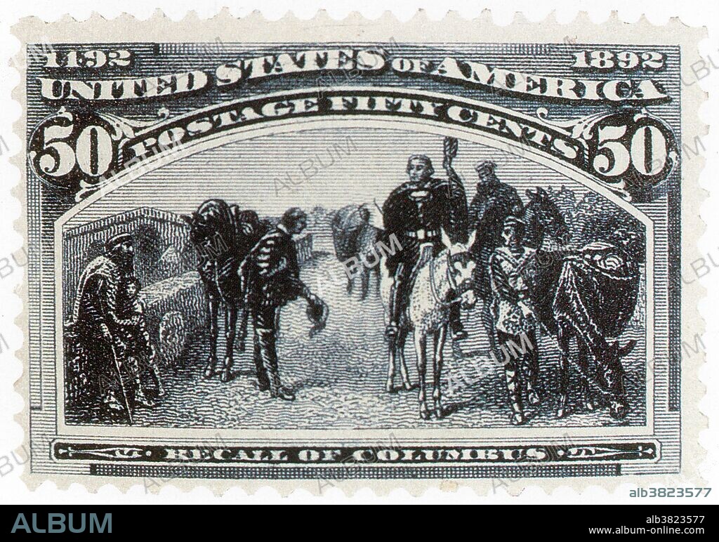 A painting by A. G. Heaton was the basis for "Recall of Columbus", the first 50Â¢ stamp issued by the United States. Like all high-value Columbians, it was primarily used in combination to meet the needs of heavyweight or international shipments. The Columbian Issue, often known as simply the Columbians, is a set of 16 postage stamps issued by the United States to commemorate the World's Columbian Exposition held in Chicago during 1893. The engraved stamps were the first commemorative stamps issued by the United States, depicting various events during the career of Christopher Columbus and are presently much valued by collectors.