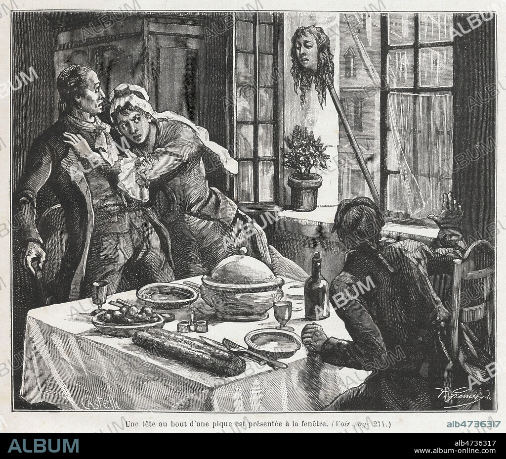 Une tete (de Louise de LAMBALLE (1749-1792) au bout d'une pique est presentee a la fenetre. Illustration de Horace CASTELLI (1825-1889) pour Petit Capet par le vicompte Oscar de POLI (1838-1908) repris dans Les Veillees des Chaumieres du 30 juin 1886. Credit : Collection Jonas/Kharbine-Tapabor.