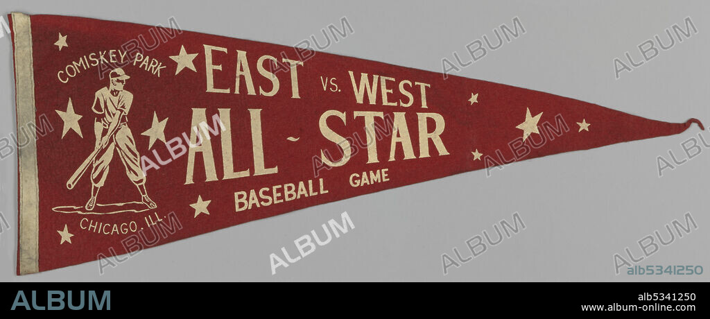 Souvenir from one of the annual East-West All-Star Games for Negro league baseball players during the era of racial segregation. This game was played at Comiskey Park, Chicago, Illinois. The pennant is a dark red felt with beige ink text and designs. At the far left of the pennant, a beige piece of fabric runs the length of the edge. Next to the fabric is a depiction of a baseball player holding a bat. Lettering above and below the baseball player reads: [Comiskey Park / Chicago, Ill.]. Beige ink stars surround the depiction of the player and run from one end of the pennant to the other. Lettering at center reads: [East vs. West / All-Star / Baseball Game].