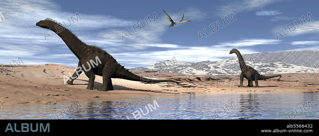 3D render of Alamosaurus dinosaurs walking along the shore while a Quetzalcoatlus flies above.