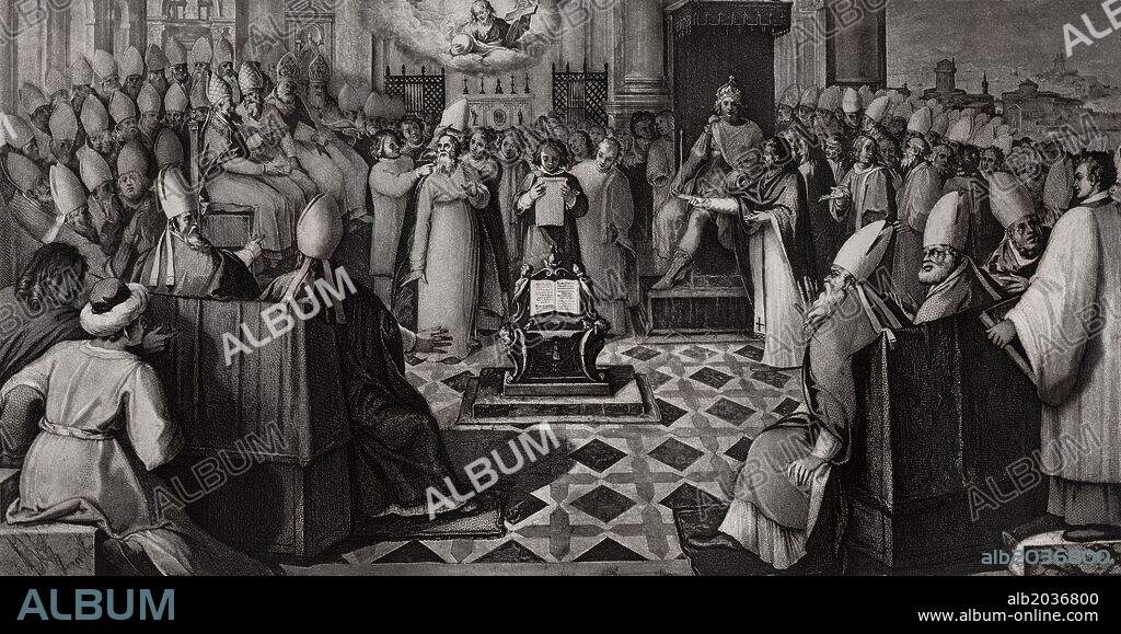 Historia de los concilios ecuménicos de Roma. Concilio de Calcedonia bajo el pontificado de Leon I el Grande y el emperador Marciano en el año 451. Editado en París, grabado de 1869.