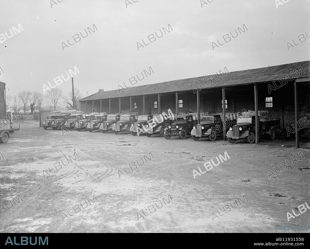 The parked lorry fleet of R Gee and Sons of Rugeley , Staffordshire , who provide transport services . 1937 .