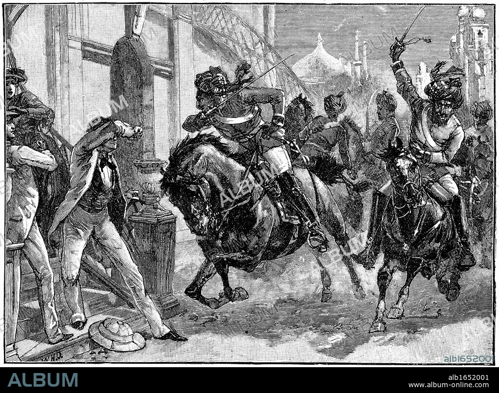 Indian Mutiny (Sepoy Mutiny) 1857-1859: Mounted rebel Sepoys charging through the streets of Delhi - May 1857. Engraving published c1895.