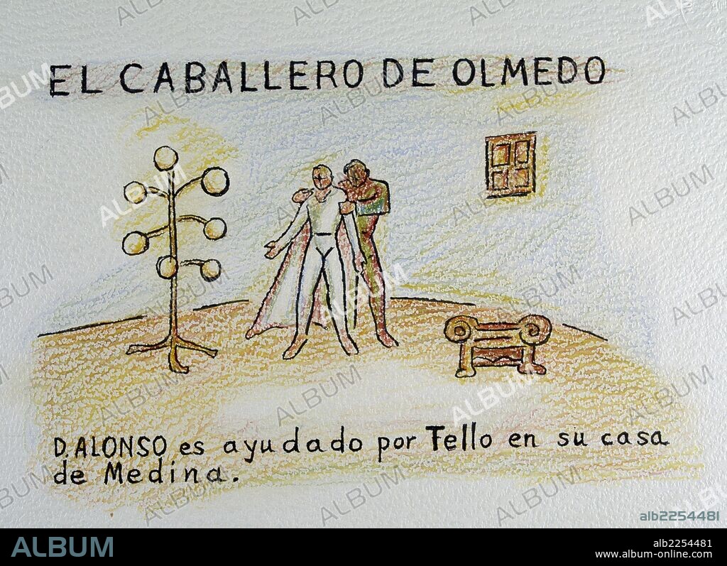 TEATRO. ESCENOGRAFIA. BOCETO DECORADO DE EUGENIO OLMOS PARA LA OBRA " EL CABALLERO DE OLMEDO " DE FRANCISCO LOPE DE VEGA. MUSEO NACIONAL DEL TEATRO. ALMAGRO.