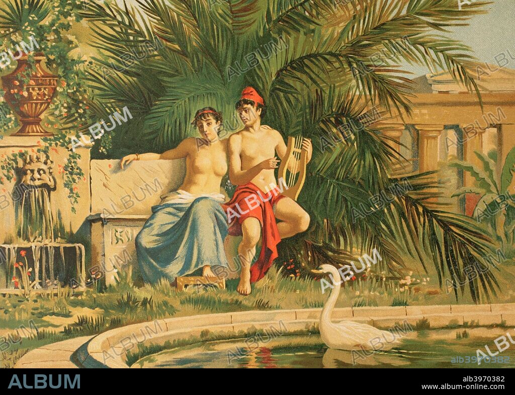 Mitología Clásica. Guerra de Troya. Paris y Helena. Cromolitografía. La Civilización, tomo II, 1881. Biblioteca Histórico Militar de Barcelona, Cataluña, España.