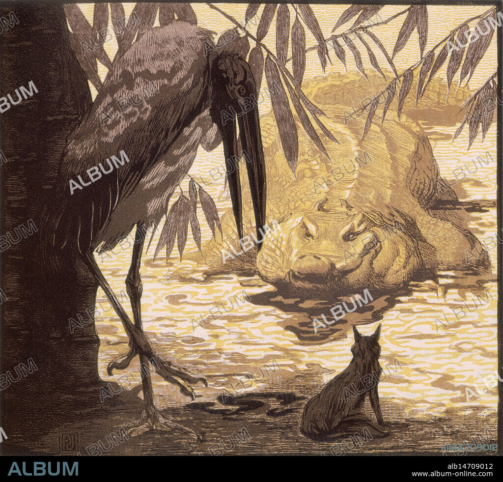 PAUL JOUVE. Crocodile, wolf and stork; scene from "The Jungle Book", 1919. From a French translation of "The Jungle Book" by Rudyard Kipling.