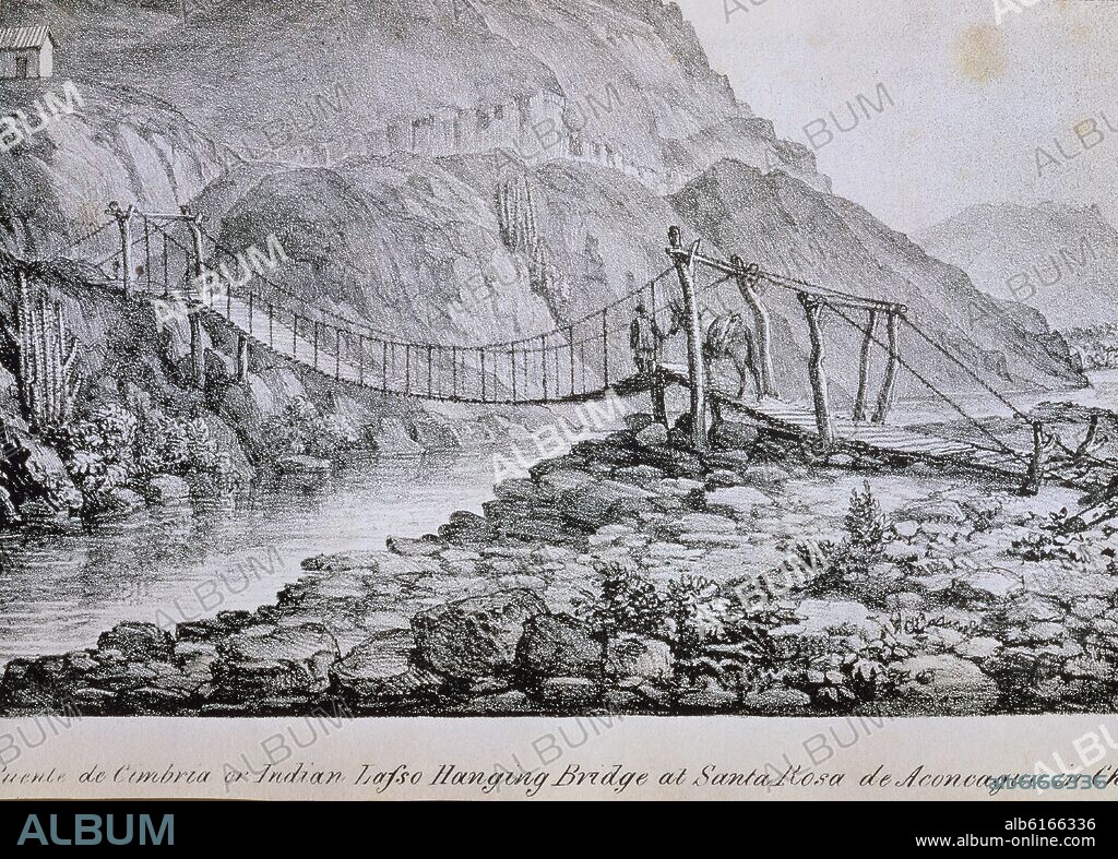 JOHN MIERS (1789-1879). VIAJES POR CHILE Y LA PLATA - PUENTE COLGANTE SOBRE EL RIO CIMBRIA - GRABADO SIGLO XIX.