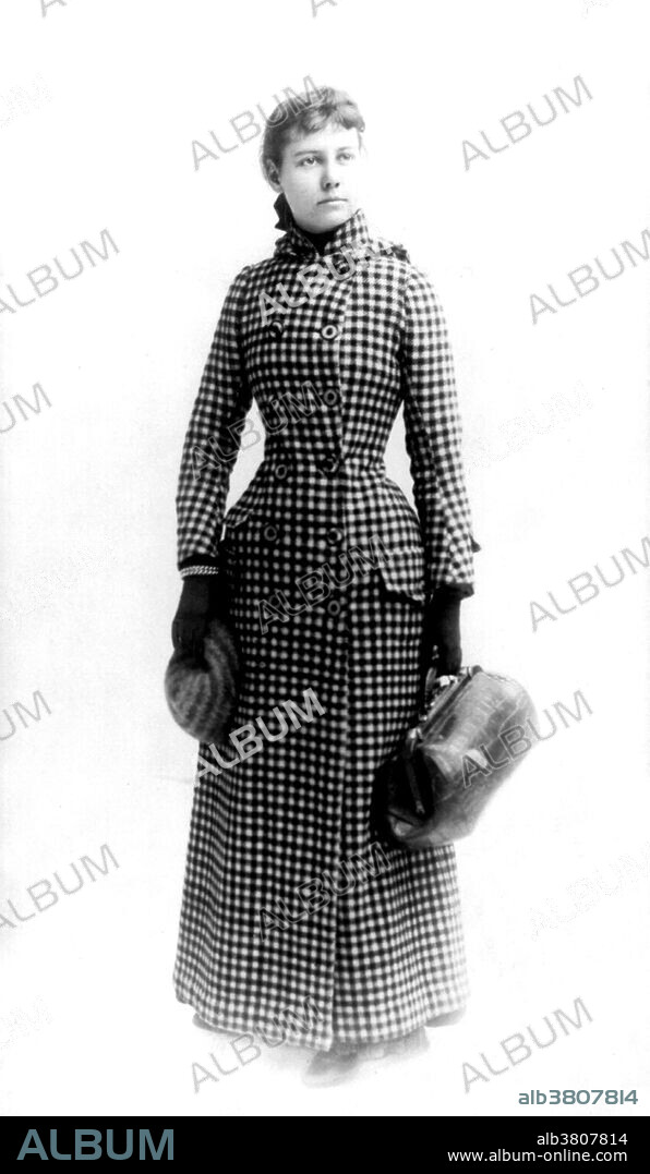 In 1888 Nellie Bly suggested to her editor at the New York World that she take a trip around the world, attempting to turn the fictional Around the World in Eighty Days into fact for the first time. A year later, at 9:40 a.m. on November 14, 1889, and with two days' notice, she boarded the Augusta Victoria, a steamer of the Hamburg America Line, and began her 24,899-mile journey. She took with her the dress she was wearing, a sturdy overcoat, several changes of underwear, and a small travel bag carrying her toiletry essentials. She carried most of her money (200 pounds in English bank notes and gold, as well as some American currency) in a bag tied around her neck. Nellie Bly (May 5, 1864 - January 27, 1922) was the pen name of American journalist Elizabeth Cochrane Seaman. She was also a writer, industrialist, inventor, and charity worker who was widely known for her record-breaking trip around the world in 72 days and an exposÃ© in which she faked insanity to investigate reports of brutality and neglect at the Women's Lunatic Asylum on Blackwell's Island. She died of pneumonia in 1922 at the age of 57. Photographed by H.J. Myers, circa 1890.