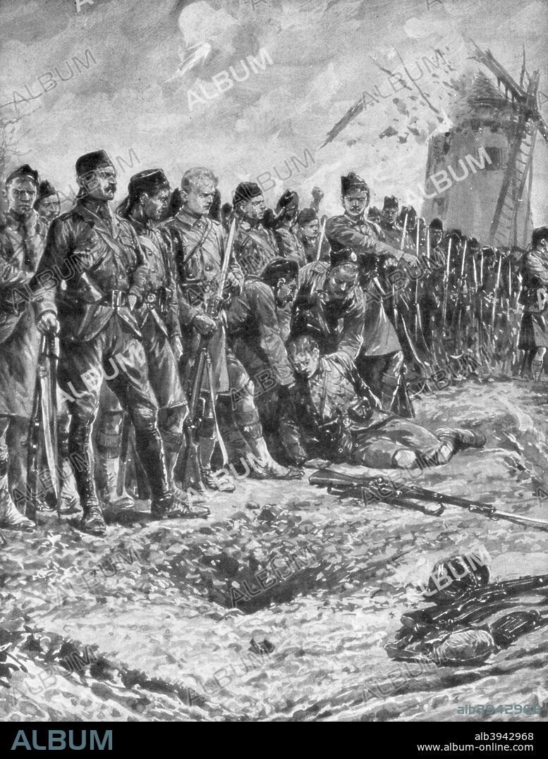 'The London Scottish territorial regiment reforming their line under fire', 31 October 1914, (1926). At Messines, Belgium, on 31 October 1914, the 1st Battalion of the London Scottish Regiment was the first Territorial infantry battalion to see action against the Germans.