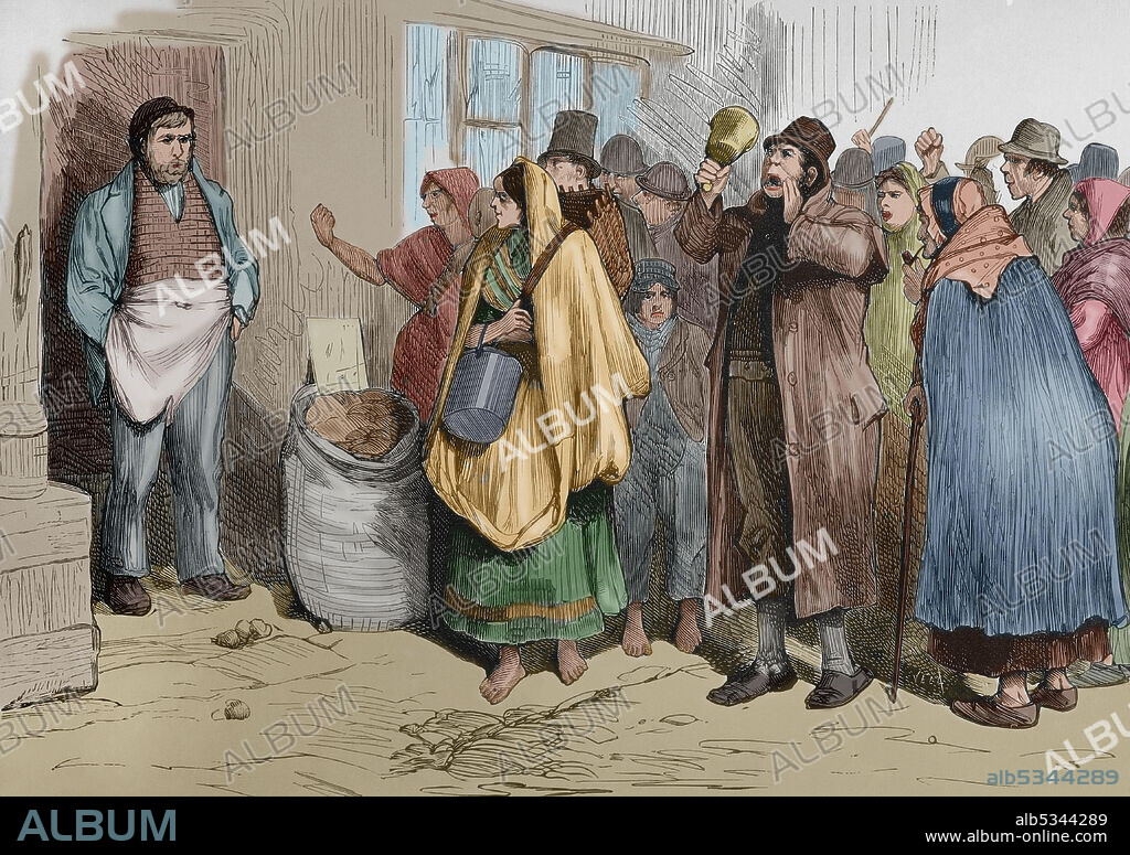 Irlanda. Episodios de la agitación social. Paisanos del condado de Mayo "boycoteando" a un tendero. Grabado coloreado. La Ilustración Española y Americana, 30 de enero de 1881.