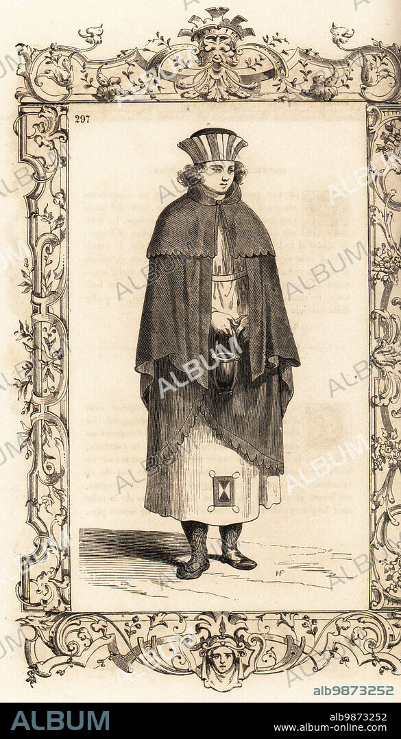 Costume of a woman of Lolland (Denmark) or Gotland (Sweden), 16th century. She wears a short cape over a cassock-style robe, skirt with small colourful square. She has short hair and a multicoloured hat. Within a decorative frame engraved by H. Catenacci and Fellmann. Woodblock engraving by Gerard Seguin and E.F. Huyot after a woodcut by Christoph Krieger from Cesare Vecellios 16th century Costumes anciens et modernes, Habiti antichi et moderni di tutto il mondo, Firman Didot Ferris Fils, Paris, 1859-1860.