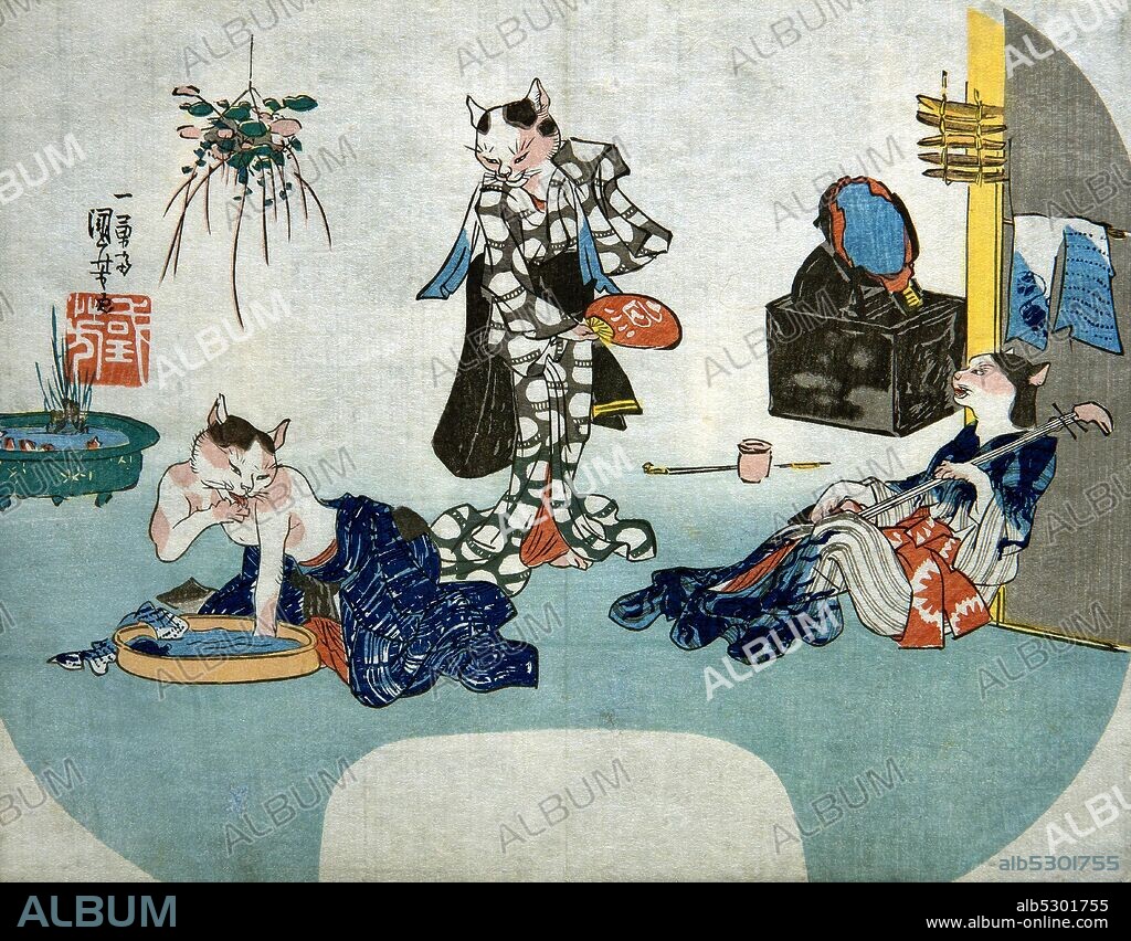 Utagawa Kuniyoshi 1798-1861. Antropomorphic Cats Relaxing in Summer. about 1842. Aiban (uchiwae). 22.4 x 28.7.