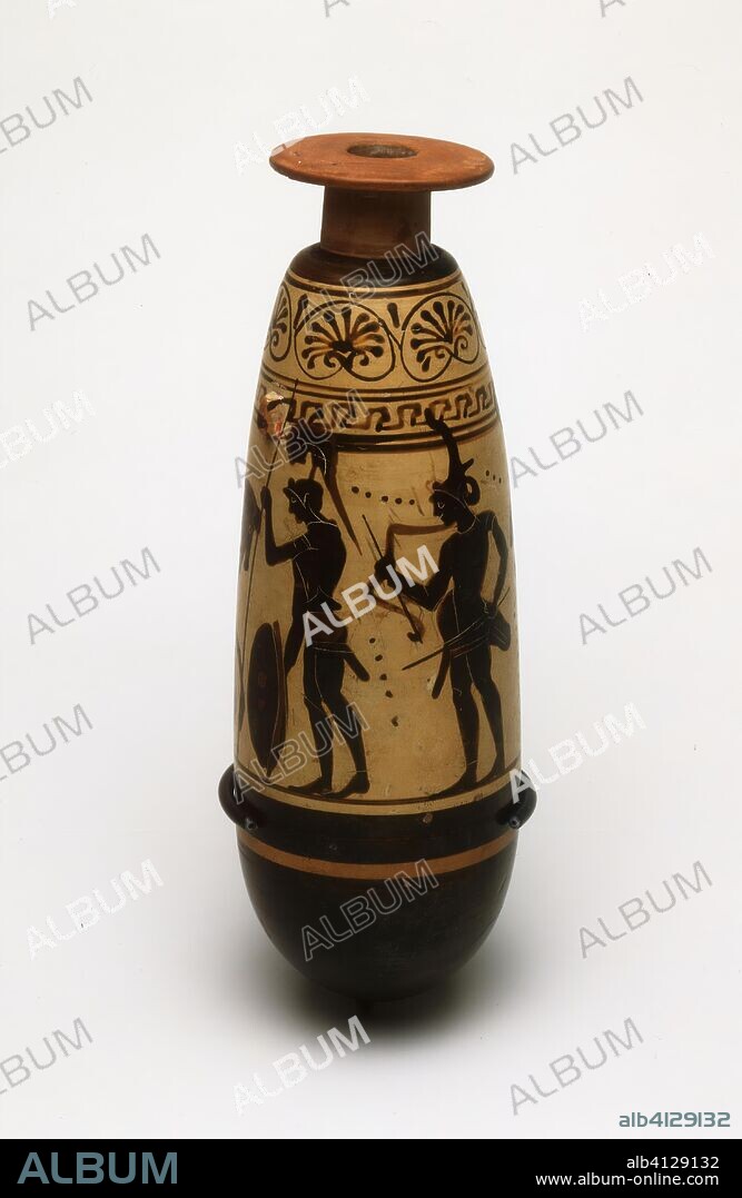 ANCIENT GREEK. Alabastron (Container for Scented Oil). Greek; Athens; Attributed to the Diosphos Painter. Date: 500 BC-480 BC. Dimensions: 16.2 × 6 × 6 cm (6 3/8 × 2 3/8 × 2 3/8 in.). Terra-cotta, decorated in the black-figure on white ground technique. Origin: Athens.