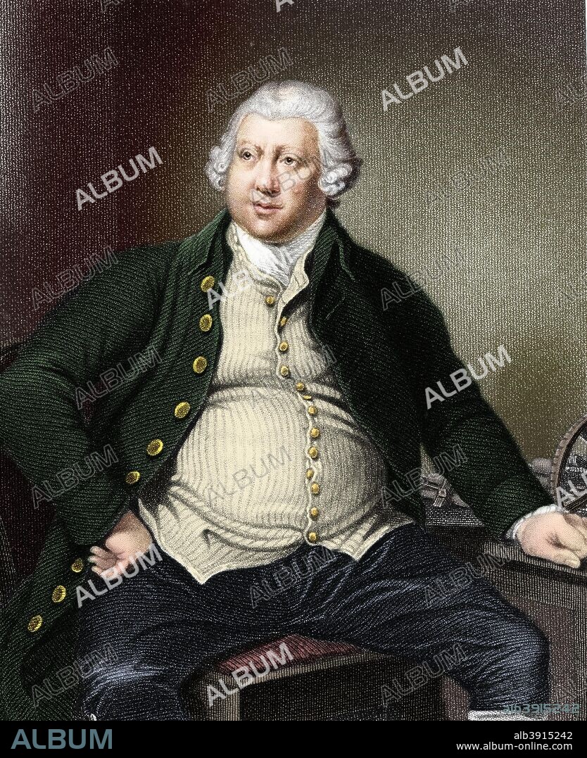 Richard Arkwright (1732-1792), British industrialist and inventor. Arkwright was the inventor of textile manufacturing machinery which included the first practical means of mechanical spinning using rollers. The invention of the spinning machine revolutionised the production of yarn and led to rapid mechanisation of textile manufacturing throughout Britain. It also made Arkwright a very wealthy man. (Colorised black and white print).