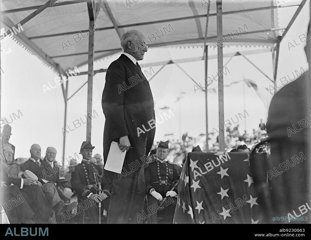 HARRIS & EWING. Charles William Eliot, President of Harvard University. Soldiers And Sailors' Monument, Provincetown, Mass., 1910.