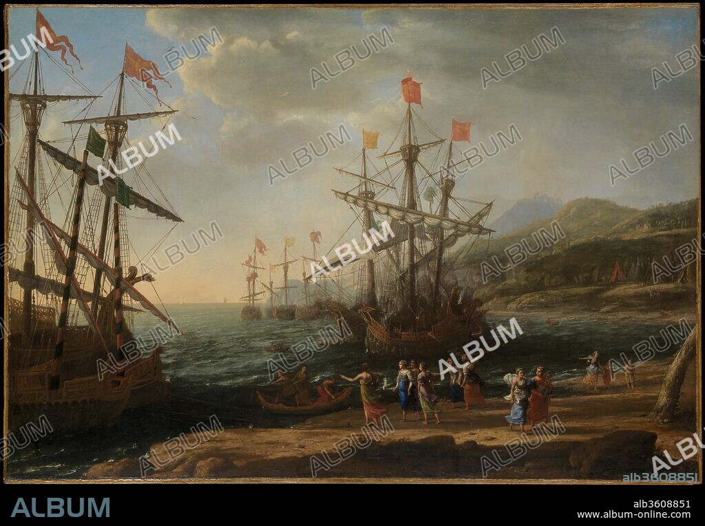 CLAUDE LORRAIN (CLAUDE GELLÉE). The Trojan Women Setting Fire to Their Fleet. Artist: Claude Lorrain (Claude Gellée) (French, Chamagne 1604/5?-1682 Rome). Dimensions: 41 3/8 x 59 7/8 in. (105.1 x 152.1 cm). Date: ca. 1643.
The Trojan women set fire to their ships in an effort to end years of wandering after the fall of Troy. The clouds and rain in the distance presage the storm sent by Jupiter at Aeneas's request to quench the blaze. Claude noted in his <i>Liber Veritatis</i> that the picture was painted in Rome for Girolamo Farnese. The learned prelate, who returned to the city in 1643, must have chosen this episode from Virgil's <i>Aeneid</i> (V:604-95) to allude to his years of itinerant service as papal nuncio combating Calvinism in remote Alpine cantons of the Swiss Confederation.