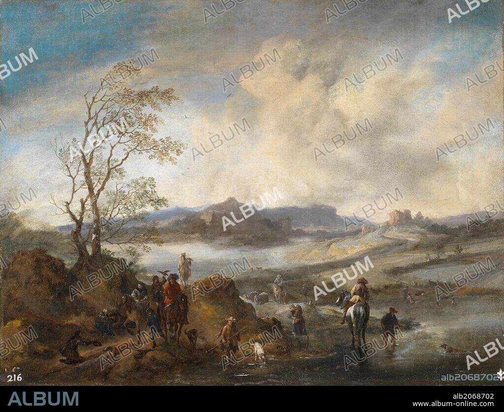 Philips Wouwerman (y taller) / 'Partida de cetrería entrando en un río', 1655-1658, Escuela Holandesa, Óleo sobre Lienzo, 50 cm x 66 cm, P02149.