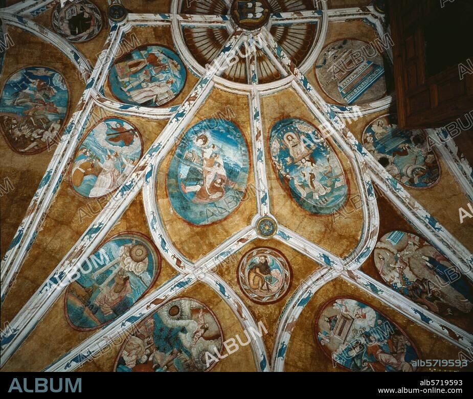Tecamachalco (Puebla, Mexico), Church of the Franciscan monastery Tecamachalco. (16th century). Interior: ribbed vault of the west choir, detail; in the vault pannels frescos of the Mexican Indian master Juan Gerson, 16th century, scenes from the Old Testament and the Apocalypse.