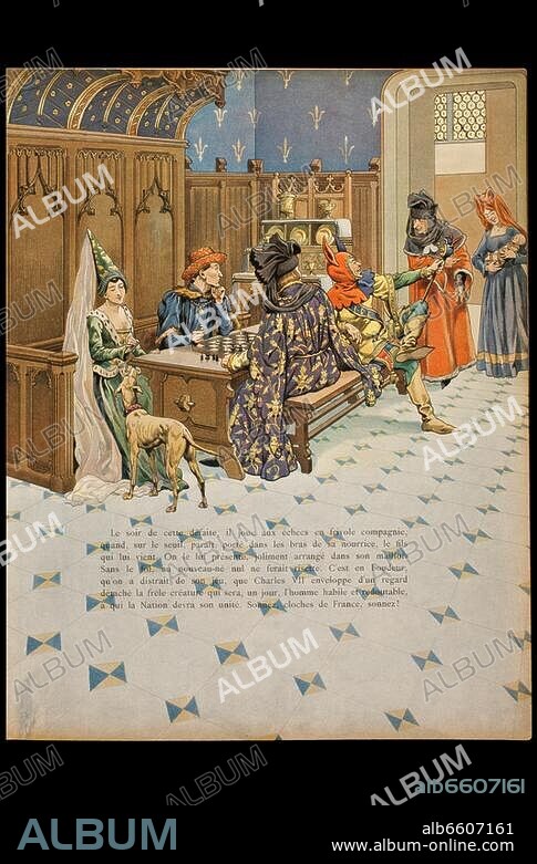 Ludwig XI., König von Frankreich (1461-83); 1423-1483.-Das Neugeborene wird seinem Vater König Karl VII. beim Schachspiel vorgestellt (4.Juli 1423).-Farblithographie nach Aquarell von Job, d.i.Jacques Onfroy de Breville ( 1858-1931). Aus: Job et G.Montorgeuil, Louis XI, Paris (Combet  Cie) 1905, S.3.