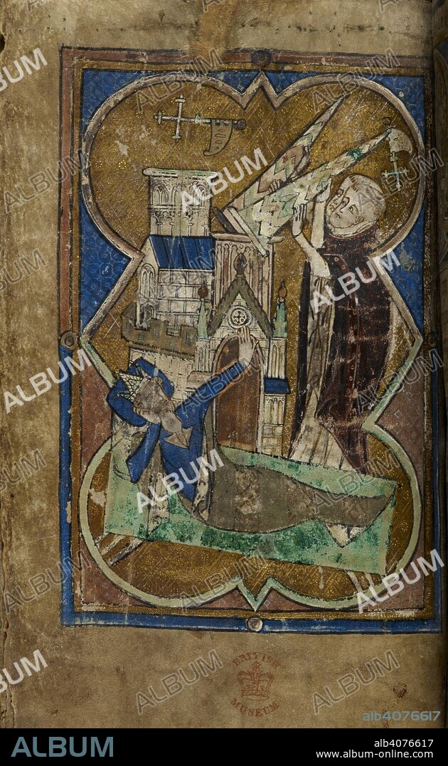 Full-page miniature of the dream of Pope Innocent III with Dominic and another friar (possibly Francis) supporting the collapsing basilica of Saint John Lateran. Psalter Hours with a calendar, litany, and prayers. England: 1st half of the 14th century. Source: Harley 2356, f.8v. Language: Latin and some French and English.
