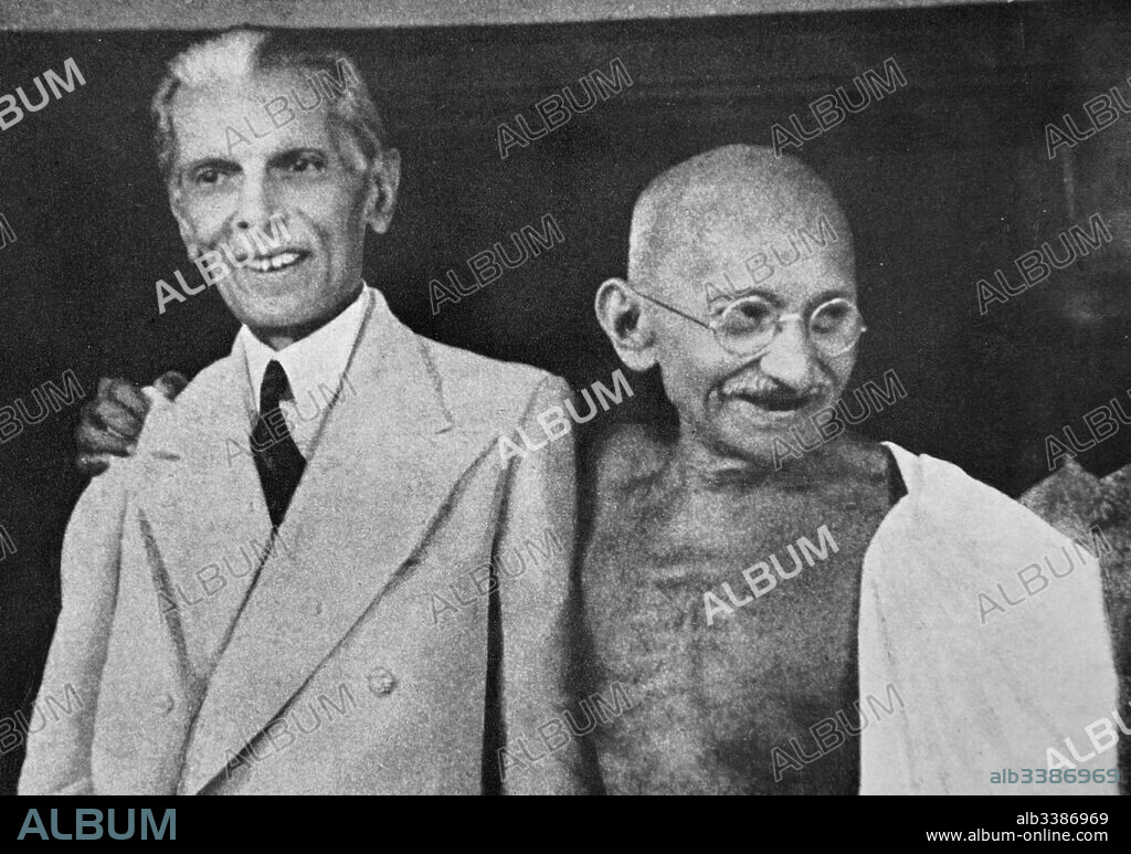 Mohandas Karamchand Gandhi (1869 - 1948) and Mohammed Ali Jinnah, during their talks in Mumbai (Bombay) 1944. Jinnah became the first leader of Pakistan. Gandhi was the preeminent leader of the Indian independence movement in British-ruled India.