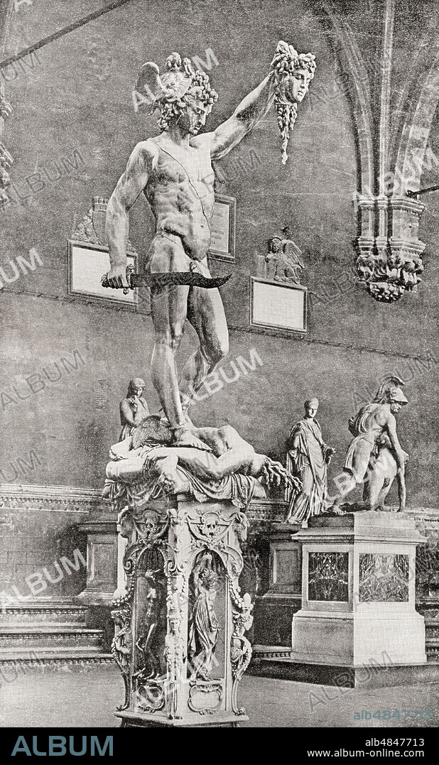 Statue of Perseus with head of Medusa, by Benvenuto Cellini, 1554. According to Greek mythology Perseus beheaded the Gorgon Medusa for Polydectes and saved Andromeda from the sea monster Cetus. From The International Library of Famous Literature, publishe.
