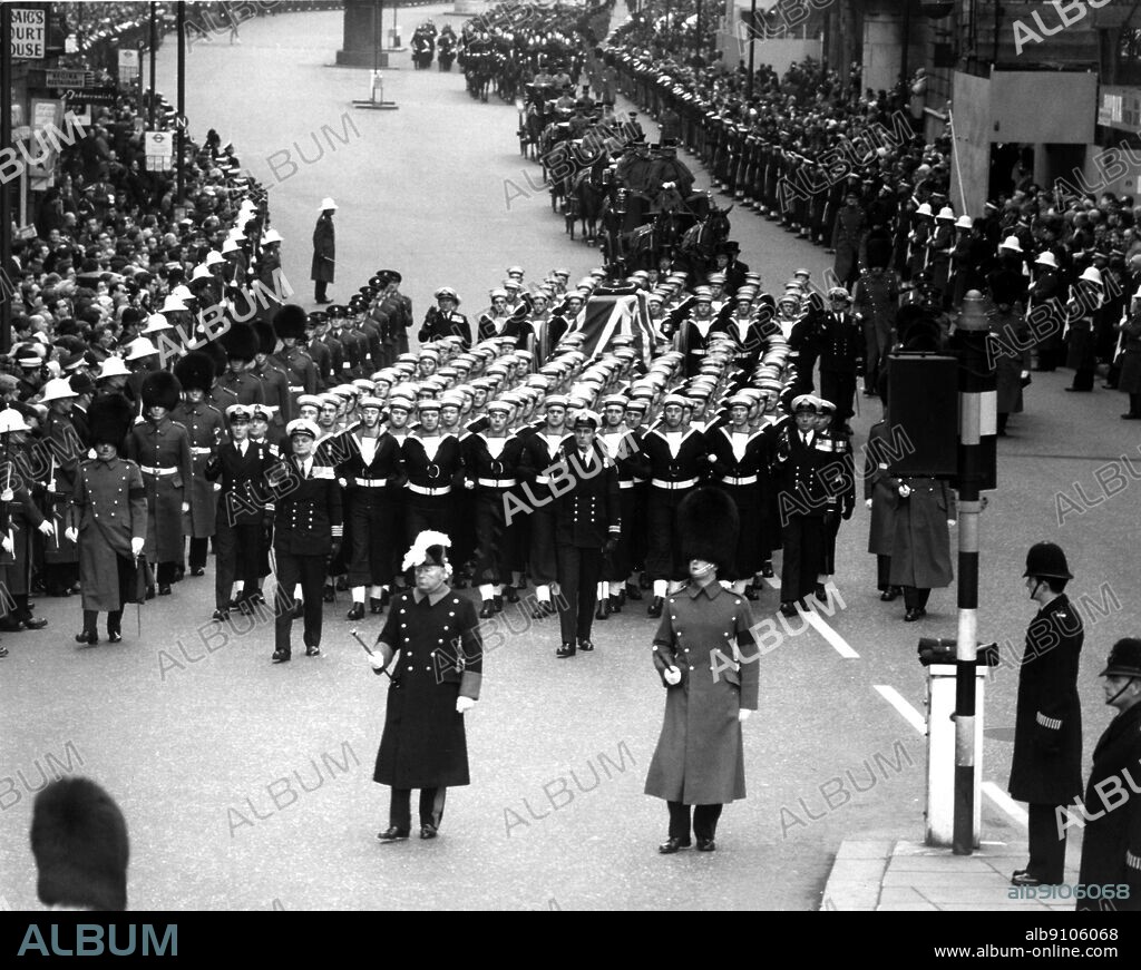 State Funeral Cortege for Sir Winston Churchill : The Earl Marshal , The Duke of Norfolk , marched at the head of the gun carriage crew . This was the first state funeral for a non royal family member since 1914, and no other of its kind has been held since - - 1 February 1965.